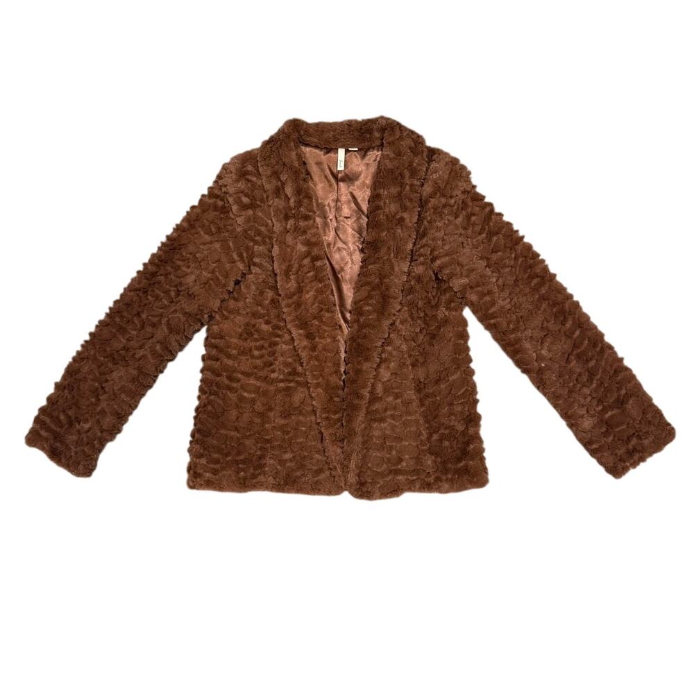 Frenchi Brown Faux Fur Jacket Open Front Teddy Coat Womens Size S Cozy Retro